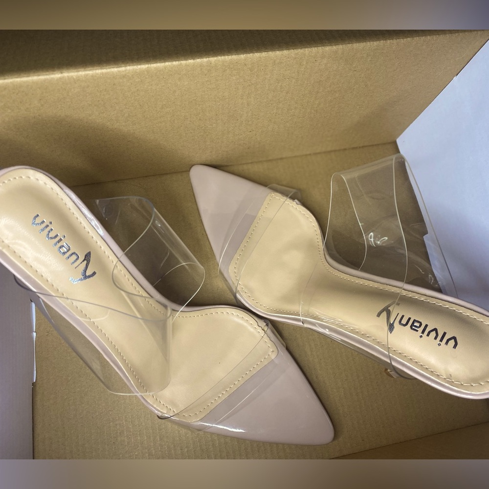 Clear pointed toe sandals stiletto heels transparent straps slip on mules